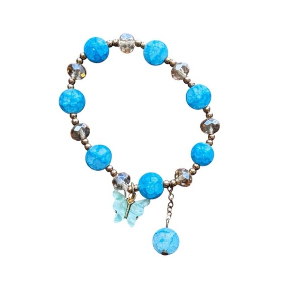 Stretchy Azure Beaded Bracelet with Butterfly Accent